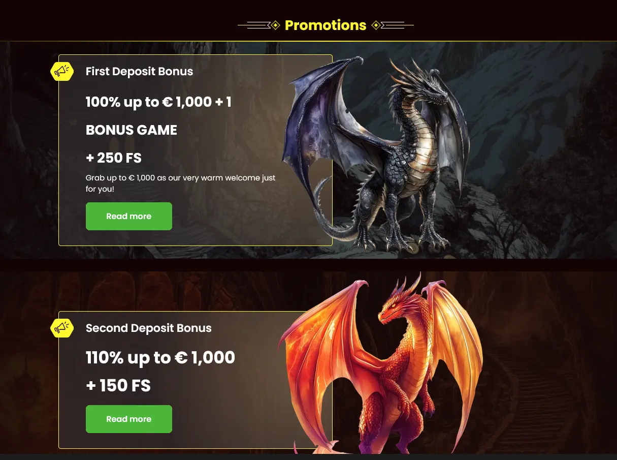 Dragonslots bonuses page showing the welcome package and no-deposit spins