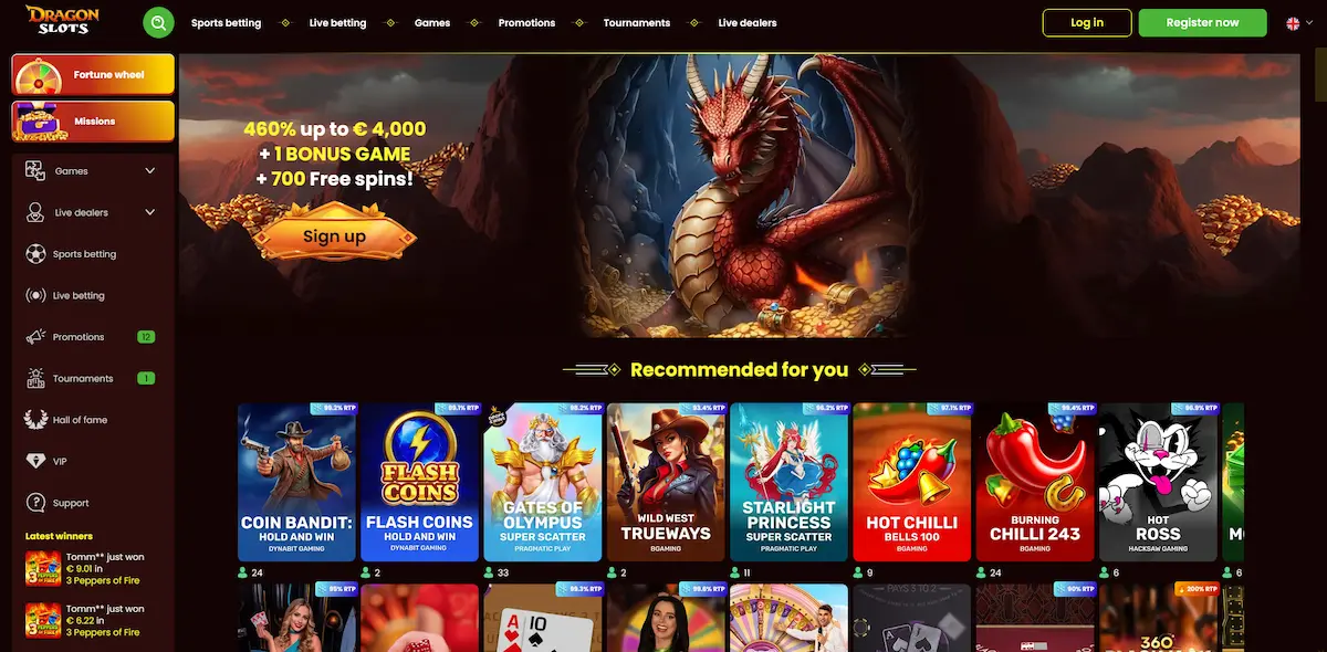 Dragonslots Casino homepage showing the pokies lobby and sidebar navigation for Australian players
