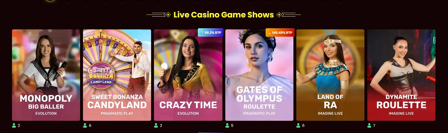 Dragonslots game show lobby featuring Crazy Time and Monopoly Live by Evolution Gaming