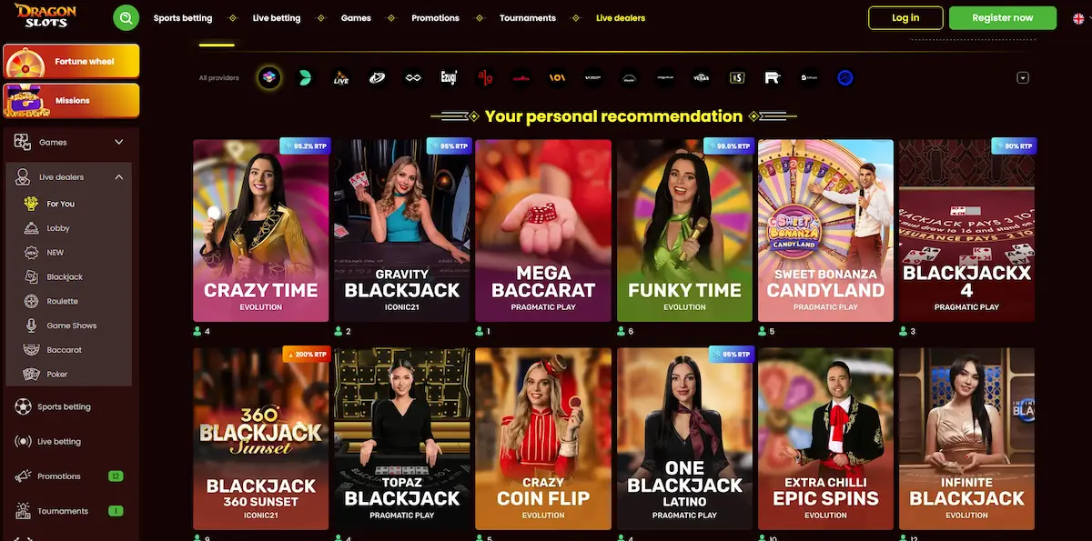 Dragonslots live casino lobby with Evolution Gaming and Playtech dealer tables