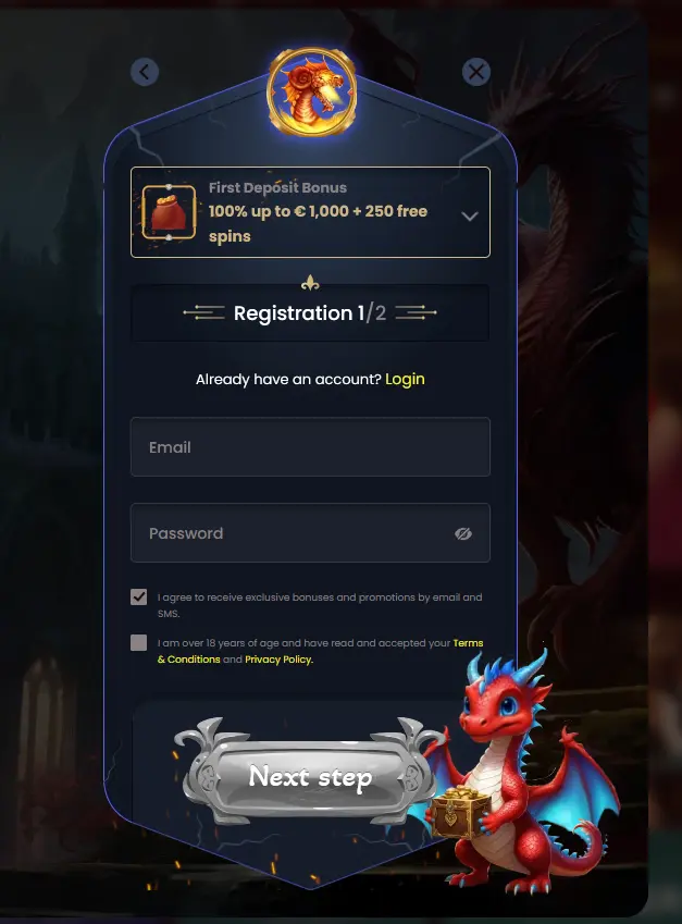 Dragonslots registration form for opening a new Australian player account