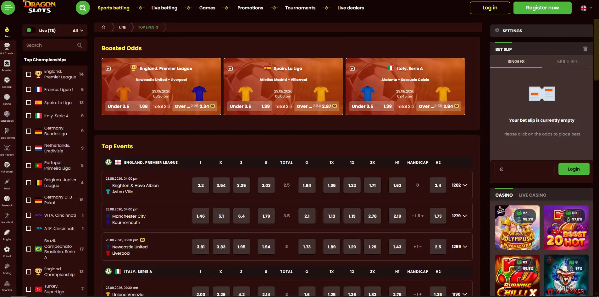 Dragonslots casino lobby menu with pokies, live dealers and sports betting navigation